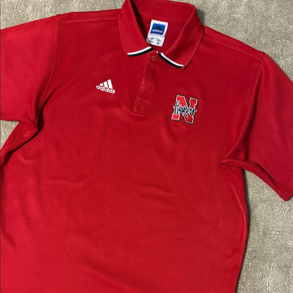 Adidas Scarlet Polo with Embroidered Nebraska Husker N Logo